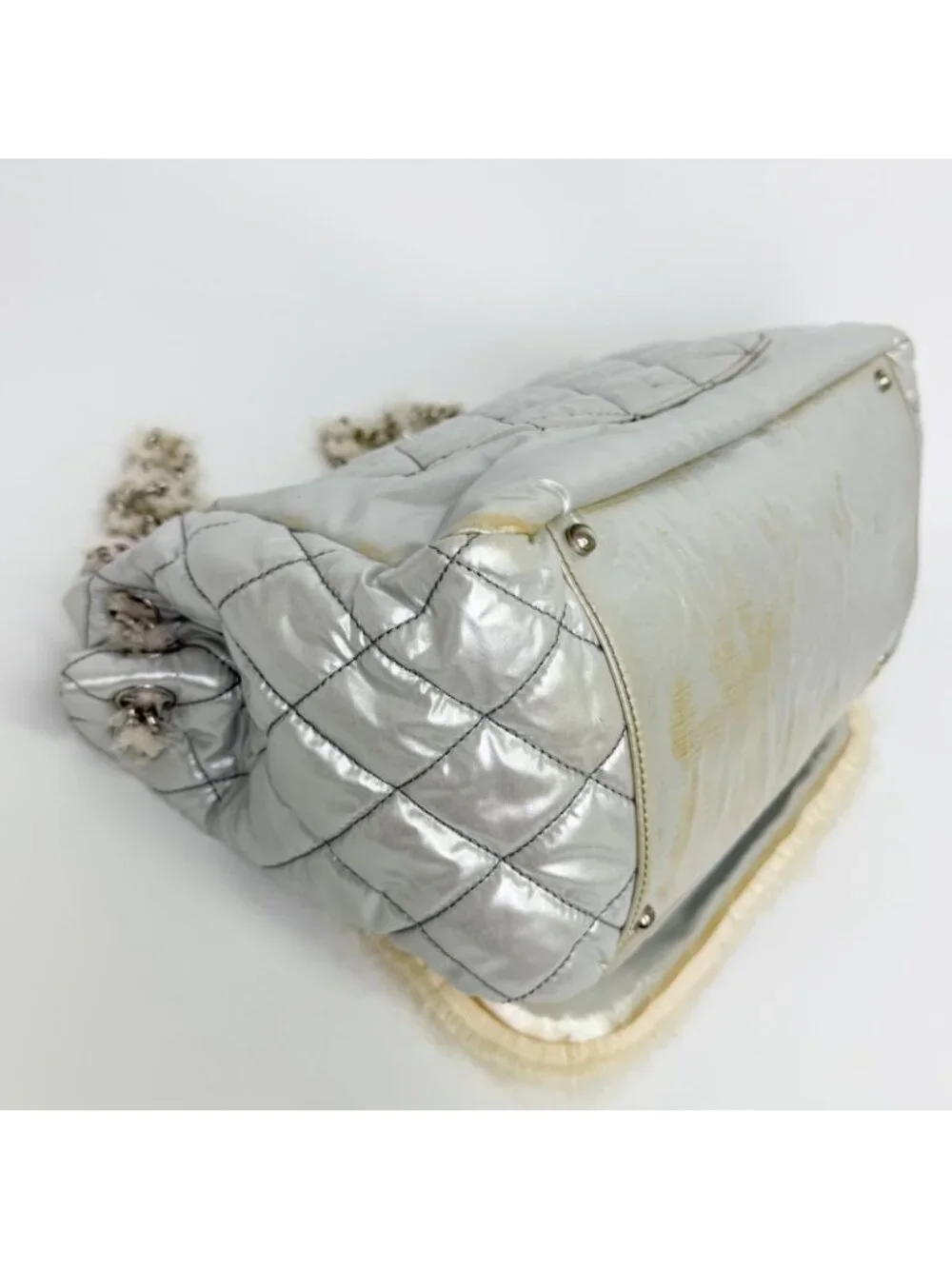 Chanel CC Logo Chain Tote Shoulder Bag Nylon Silver Ivory Seal Vintage